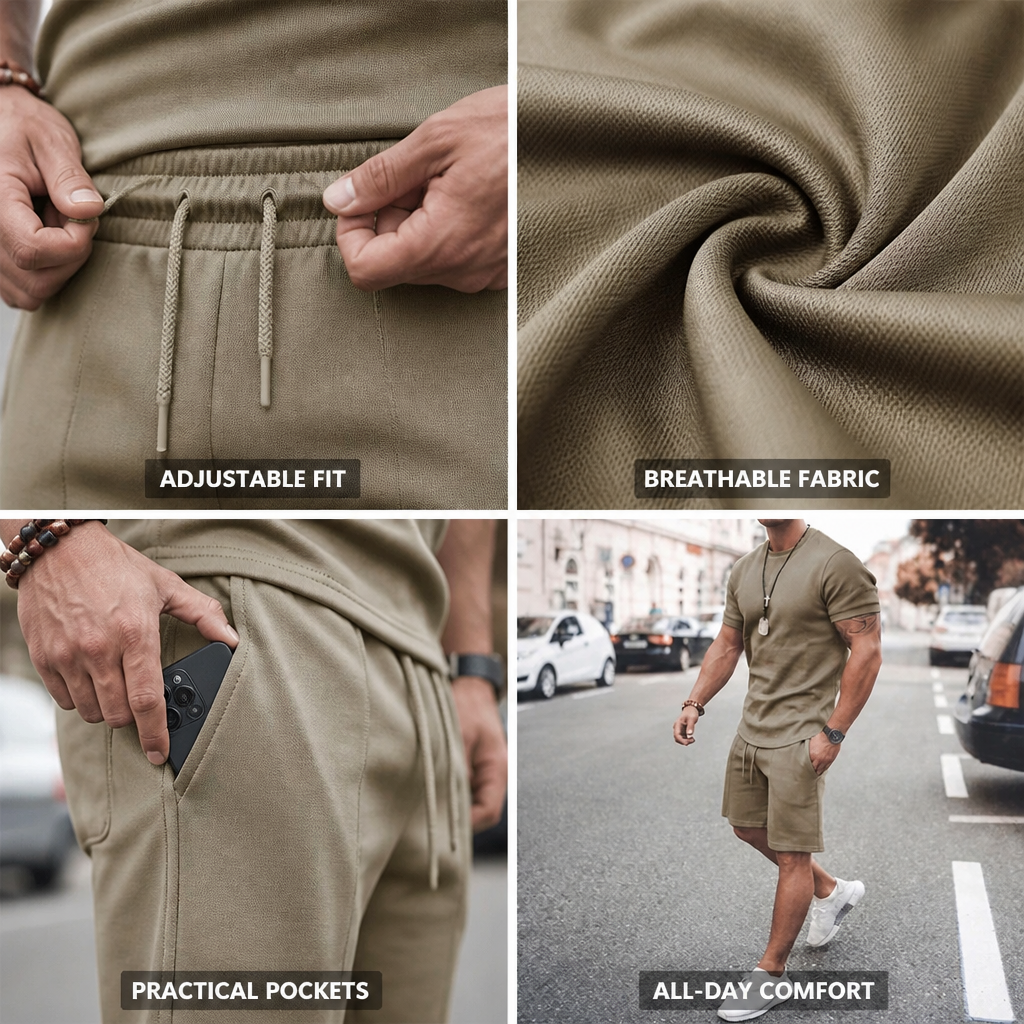 Men's Two-Piece Set Breathable Polyester Drawstring Waist & Pockets