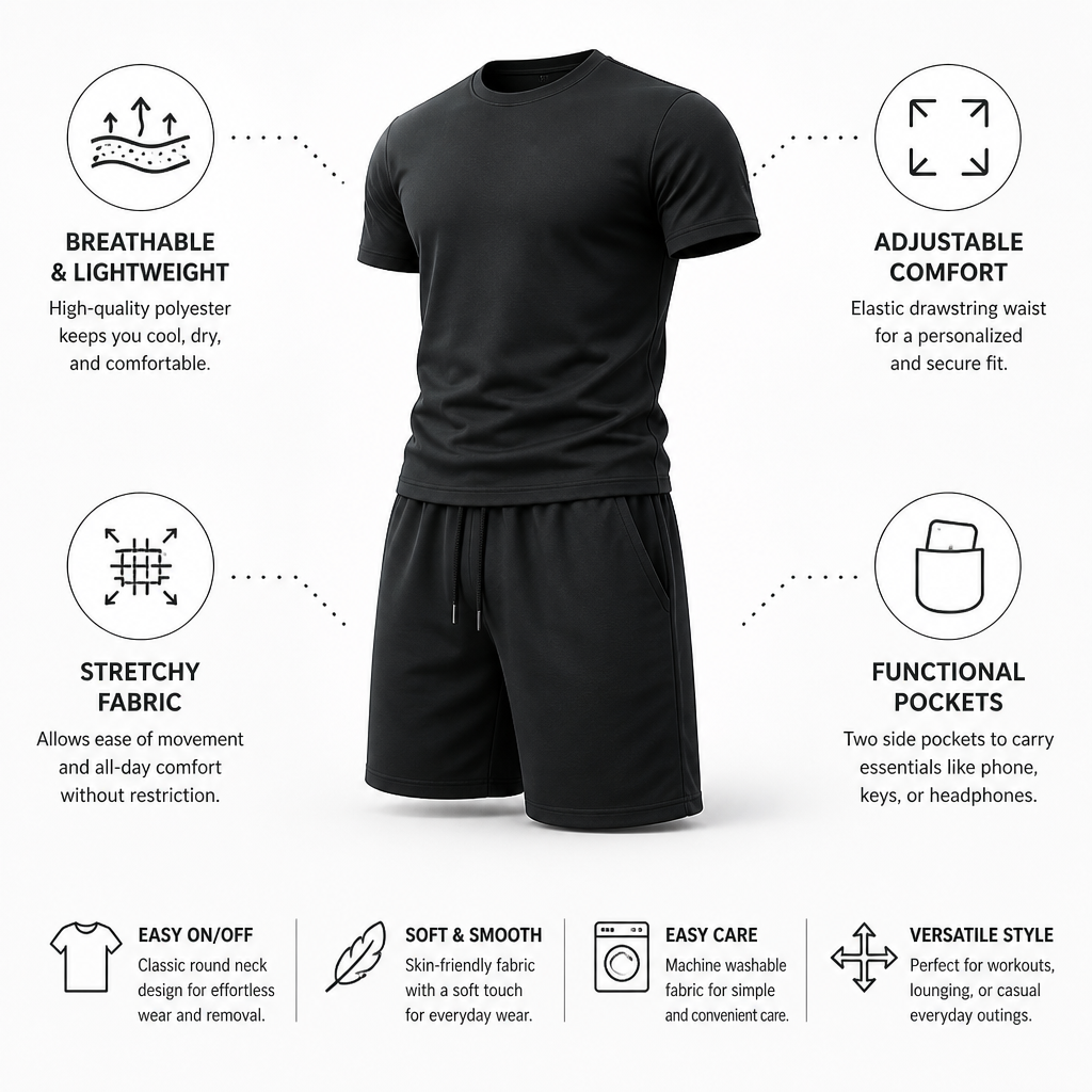 Men's Two-Piece Set Breathable Polyester Drawstring Waist & Pockets