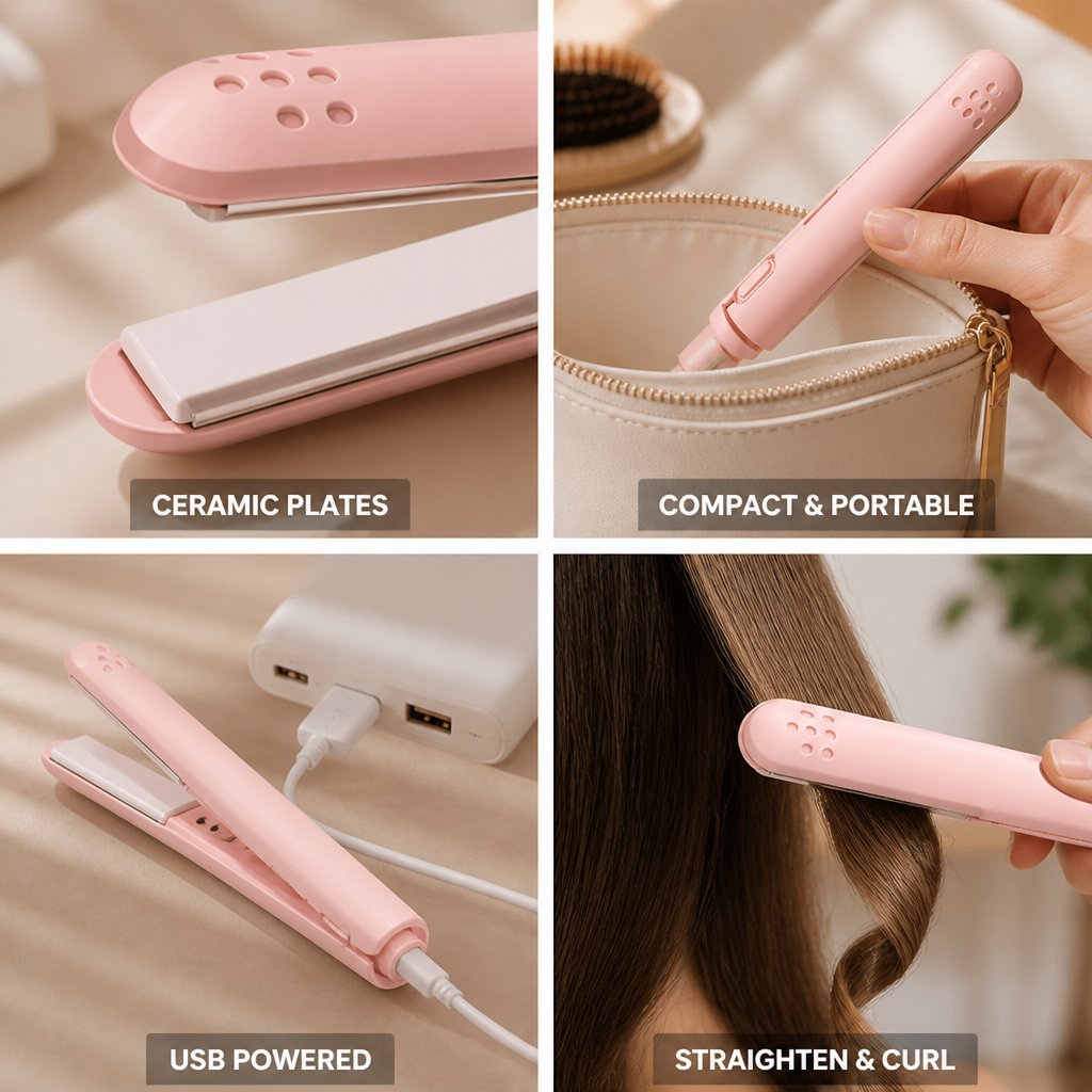 Mini Hair Straightener & Curler 15mm Ceramic USB Powered