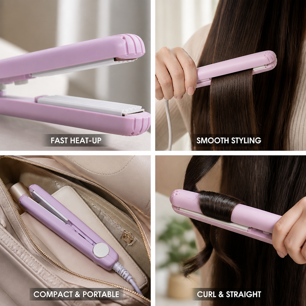 Mini Hair Straightener & Curler Tourmaline Ceramic 30-Second Heat-Up