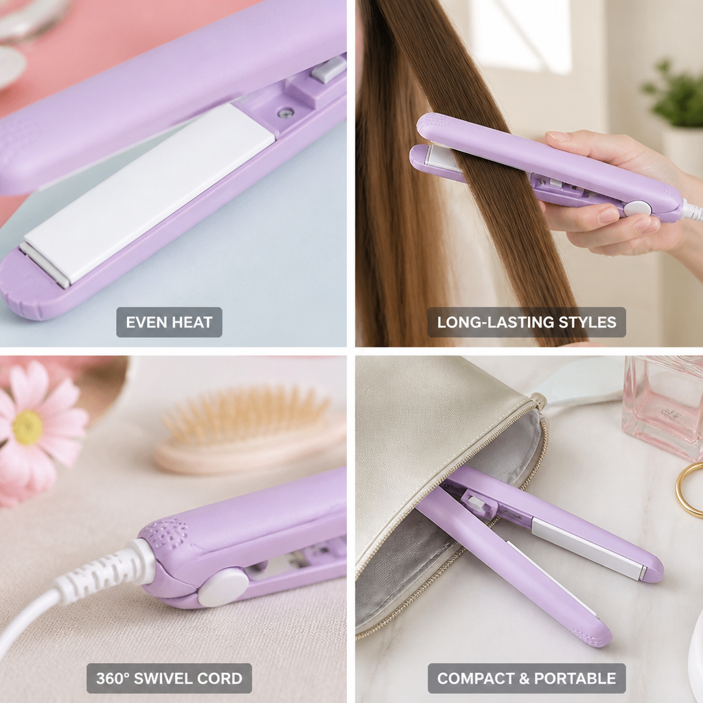 Mini Hair Straightener & Curler Tourmaline Ceramic 30-Second Heat-Up