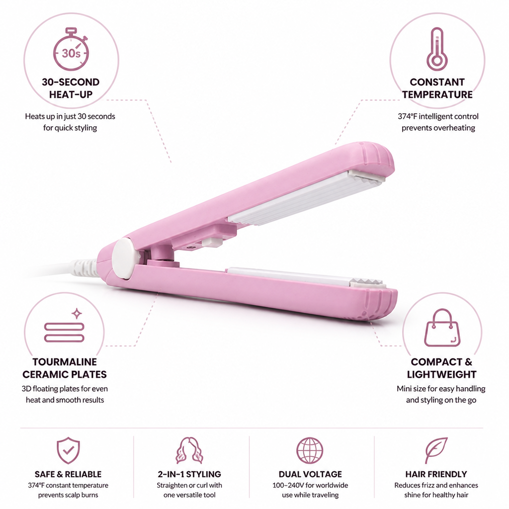 Mini Hair Straightener & Curler Tourmaline Ceramic 30-Second Heat-Up