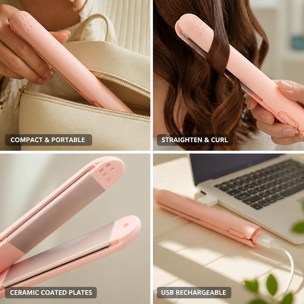 Mini Hair Styler Straightener & Curler Ceramic-Coated USB-Powered