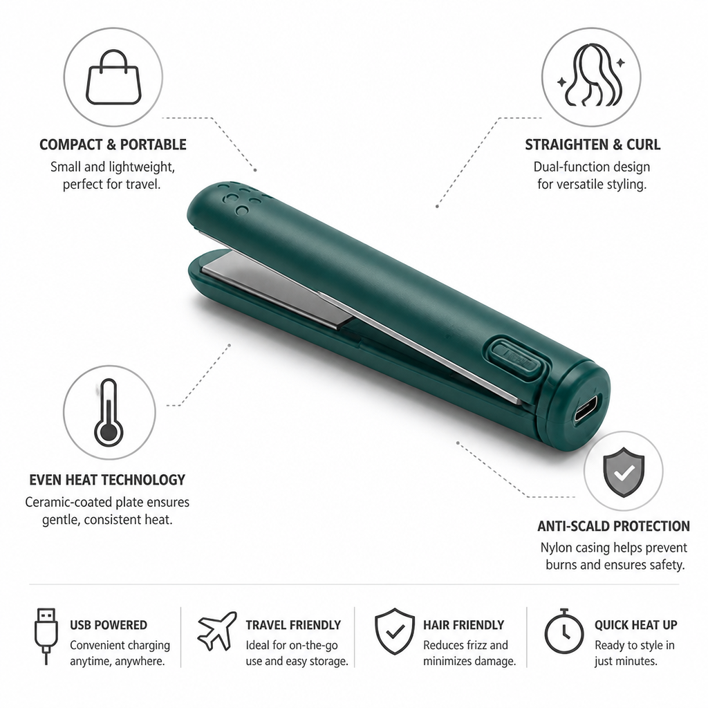 Mini Hair Styler Straightener & Curler Ceramic-Coated USB-Powered