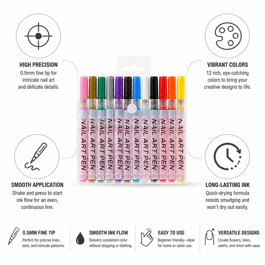 Nail Art Pen Set 0.5mm Fine Tip 12 Colors