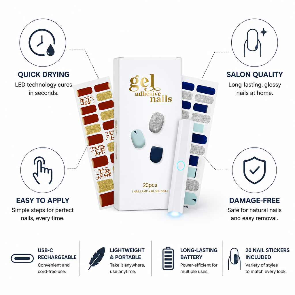 Nail Lamp Kit Quick-Dry Gel USB-C Rechargeable 20 Stickers