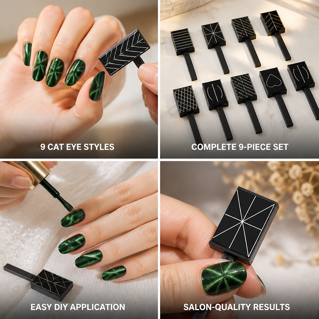 Nail Magnet Set 9 Cat Eye Styles & Wand Guide