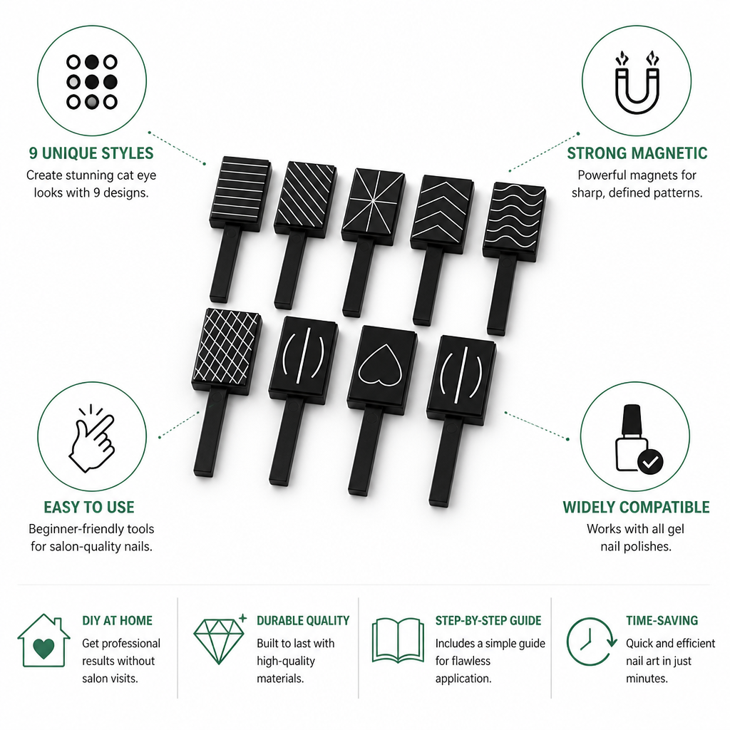 Nail Magnet Set 9 Cat Eye Styles & Wand Guide