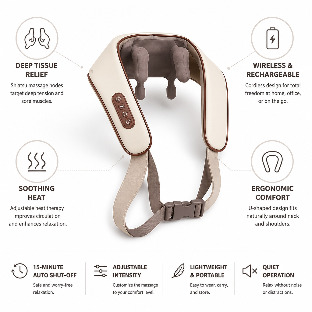 Neck & Back Massager Wireless Rechargeable Shiatsu & Heat