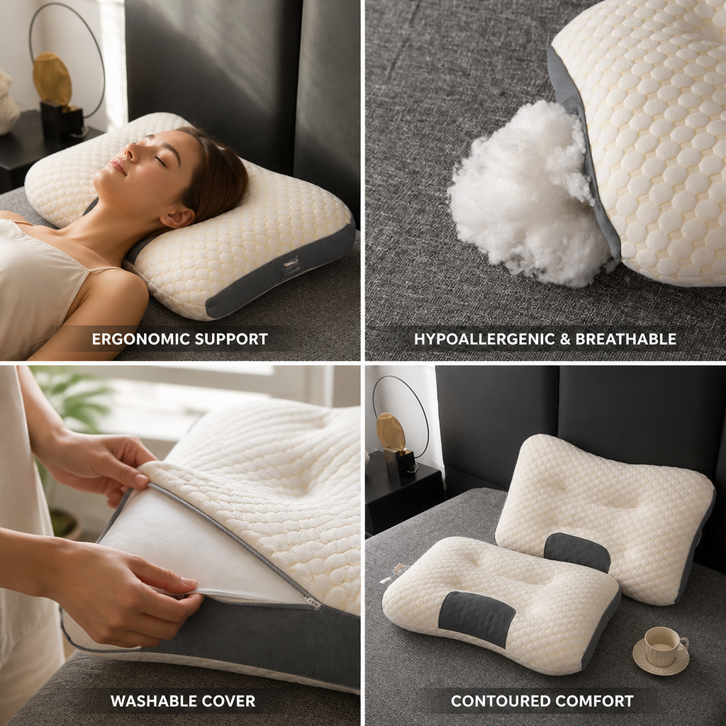 Neck Pillow Ergonomic Contoured Breathable & Hypoallergenic Washable Cover