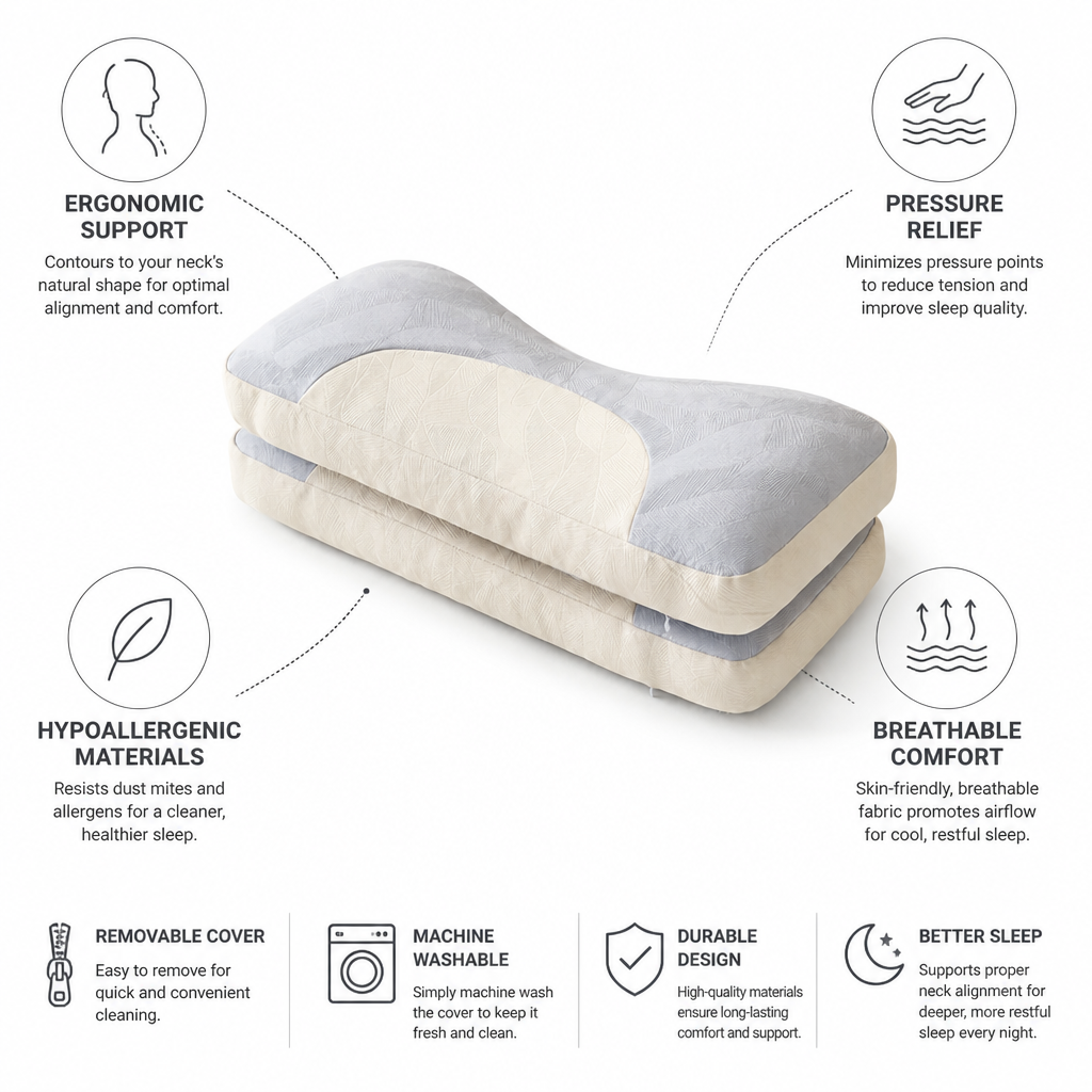 Neck Roll Pillow Ergonomic Contour Pressure-Relief Hypoallergenic