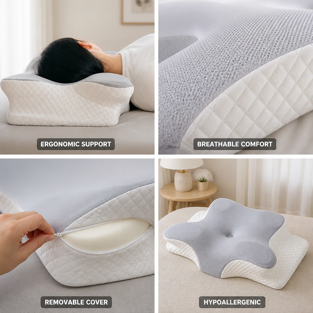 Neck Support Pillow Ergonomic Contour Breathable Hypoallergenic Removable Cover