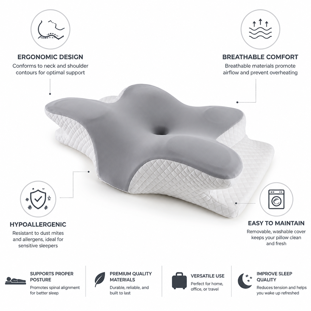 Neck Support Pillow Ergonomic Contour Breathable Hypoallergenic Removable Cover