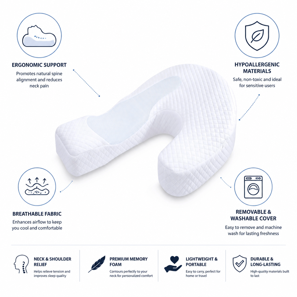Neck Support Pillow Ergonomic Hypoallergenic & Washable Cover