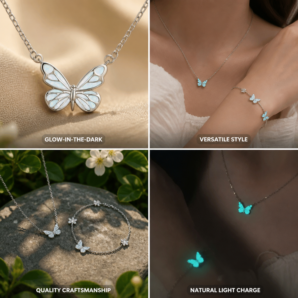 Necklace & Bracelet Butterfly Charm Glow-In-The-Dark