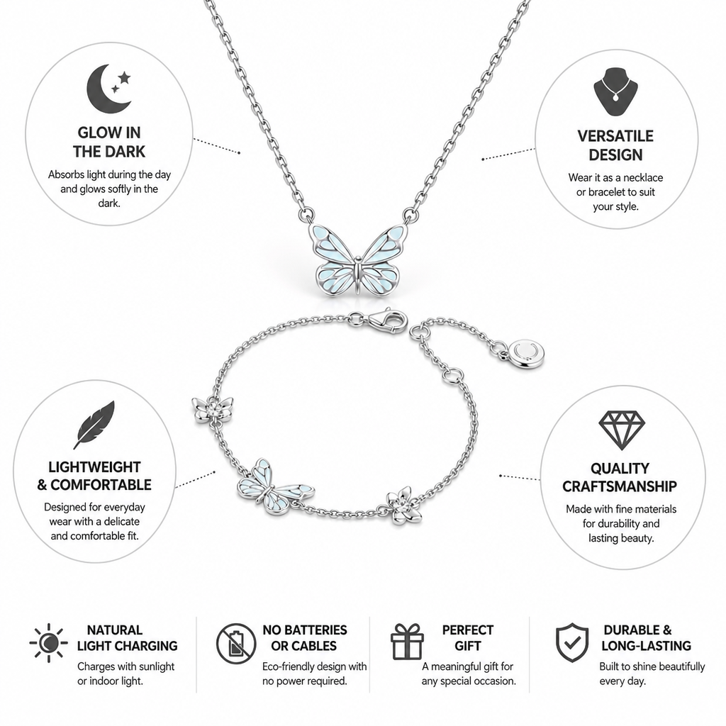 Necklace & Bracelet Butterfly Charm Glow-In-The-Dark