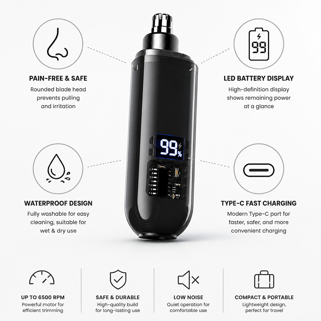Nose Hair Trimmer Rounded Blade Waterproof USB Type-C