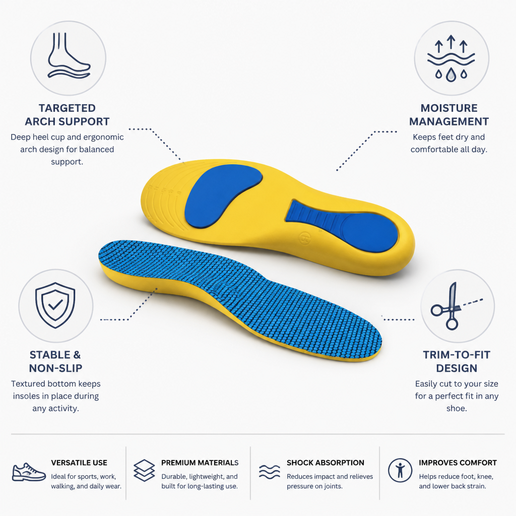Orthopedic Insoles Heel & Arch Support Moisture-Wicking Non-Slip Base