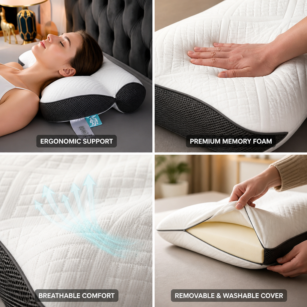 Orthopedic Neck Pillow Contoured Ergonomic Memory Foam Removable Cover