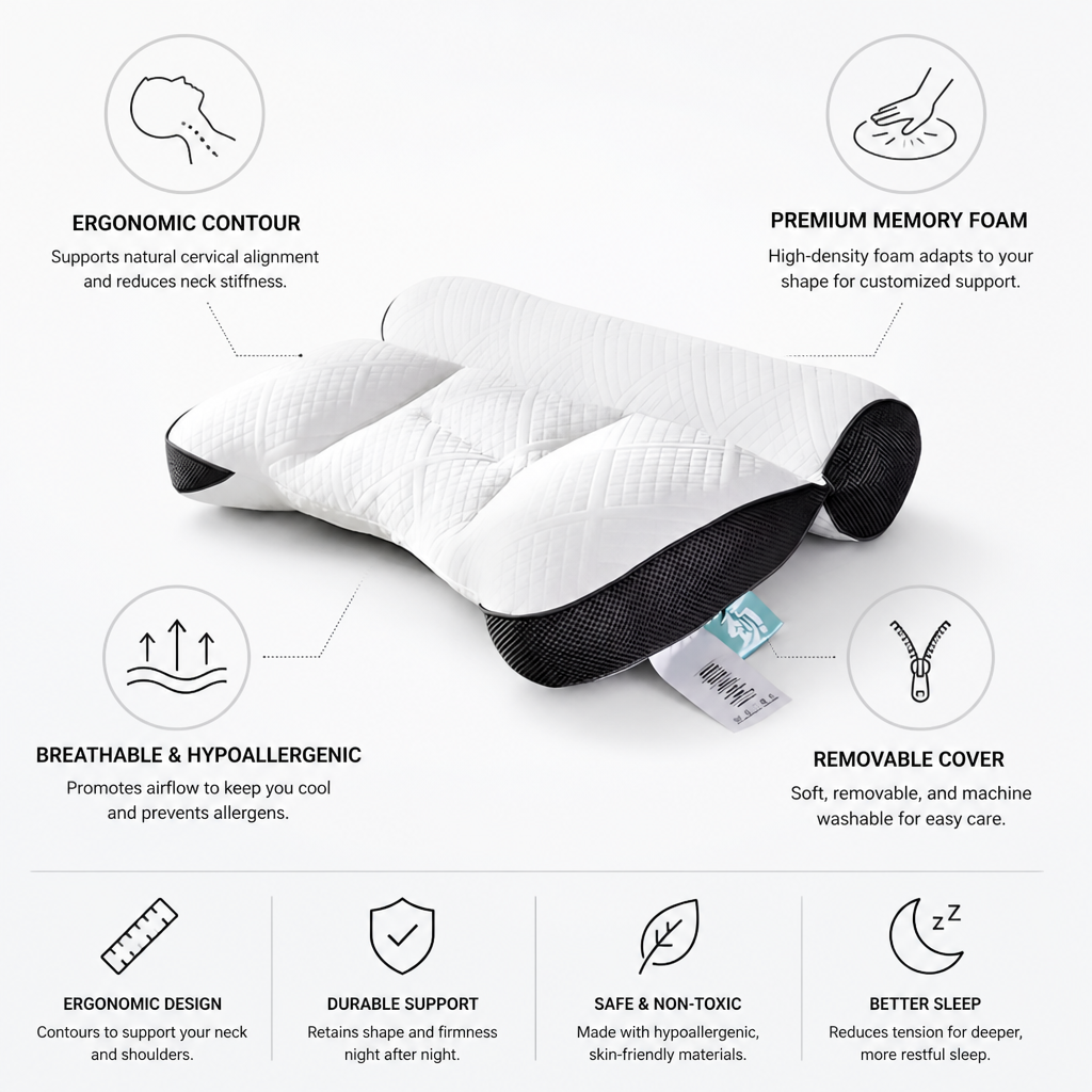 Orthopedic Neck Pillow Contoured Ergonomic Memory Foam Removable Cover
