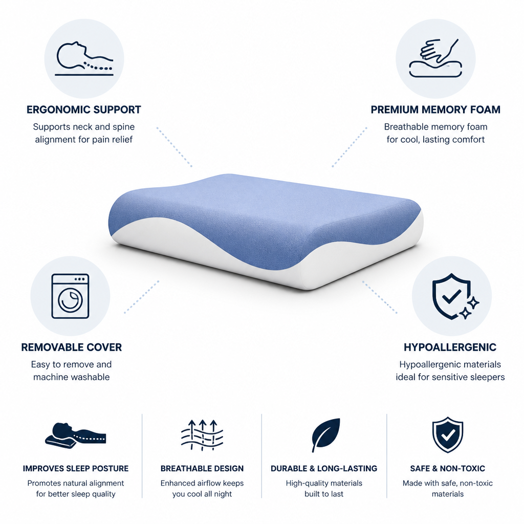 Orthopedic Pillow Contour Memory Foam Removable & Washable Cover