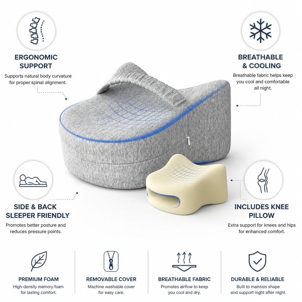 Orthopedic Pillow Ergonomic Contour Includes Knee Pillow
