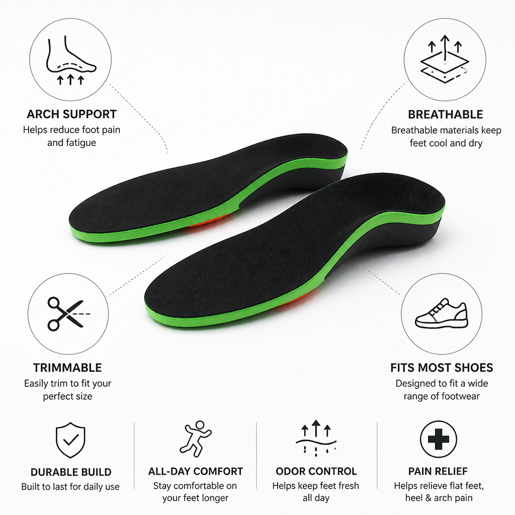 Orthotic Insoles Firm Arch Support Breathable & Trimmable