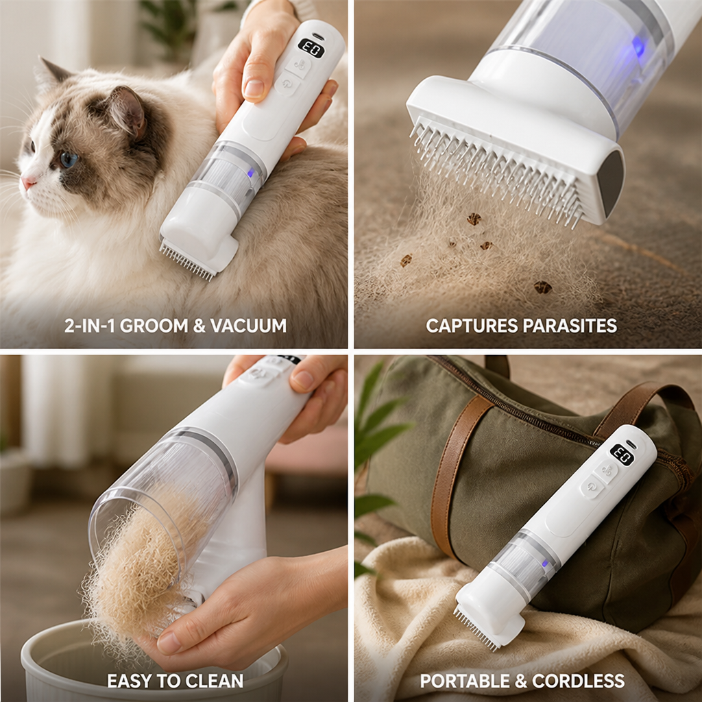 Pet Groomer 2-in-1 Suction & Stainless Steel Comb Rechargeable
