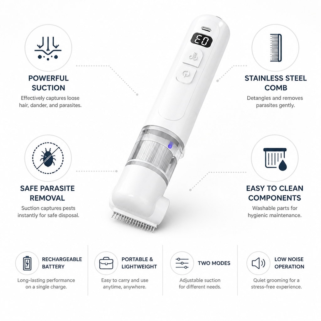 Pet Groomer 2-in-1 Suction & Stainless Steel Comb Rechargeable