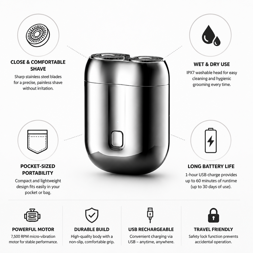 Pocket Electric Shaver Stainless Steel Foil USB Rechargeable 60-Min Runtime