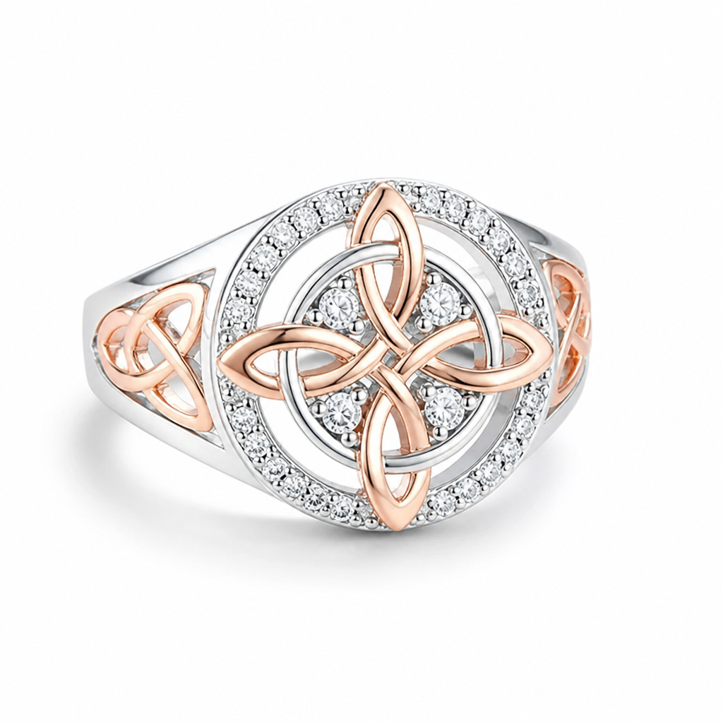 Protection Ring Sterling Silver Rose-Gold Knot Stone Halo