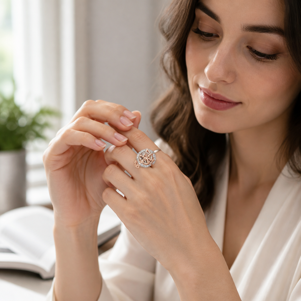 Protection Ring Sterling Silver Rose-Gold Knot Stone Halo