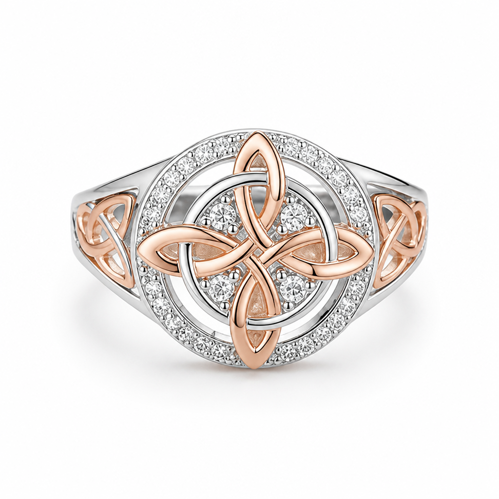 Protection Ring Sterling Silver Rose-Gold Knot Stone Halo
