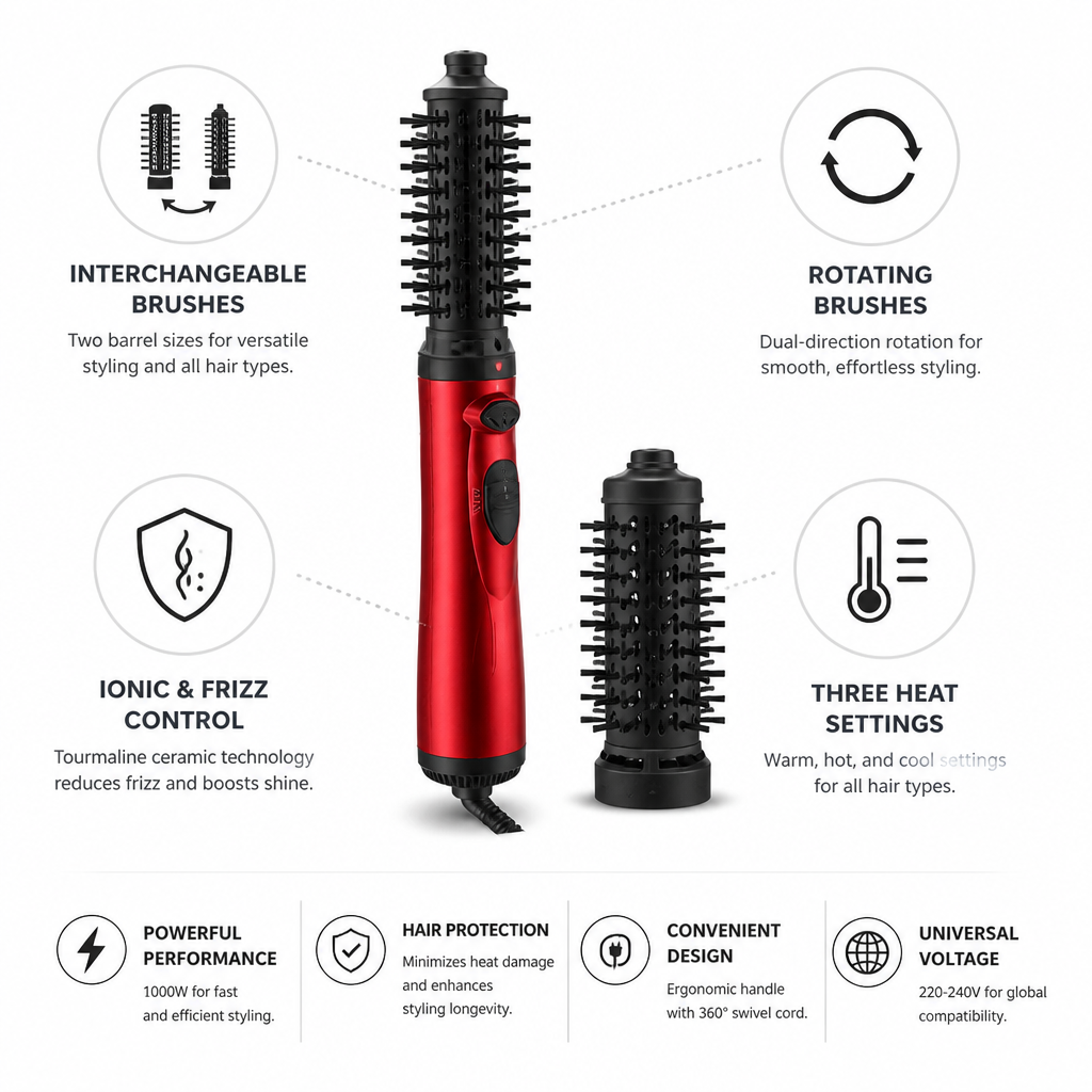 Rotating Hair Brush Interchangeable Barrels & Tourmaline Ceramic