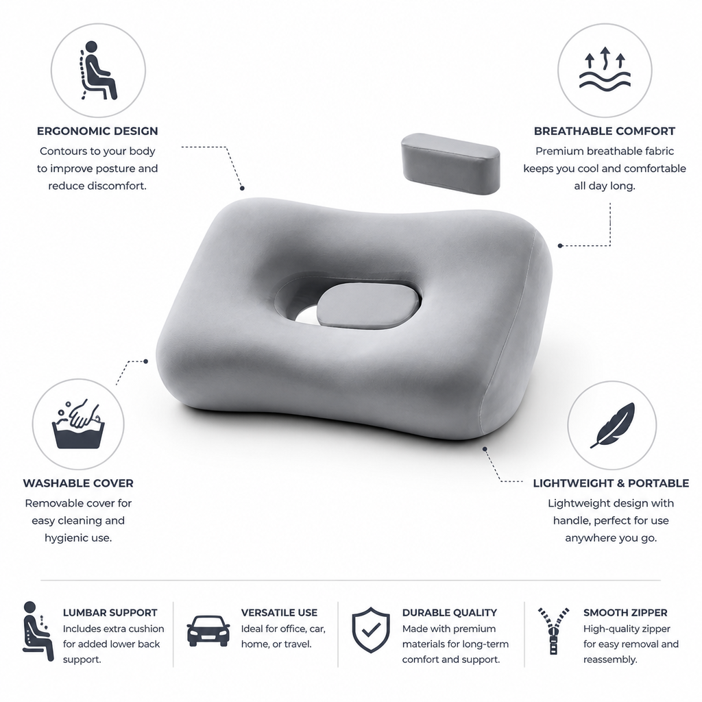 Seat Cushion Contoured Ergonomic Lumbar Support Washable Cover