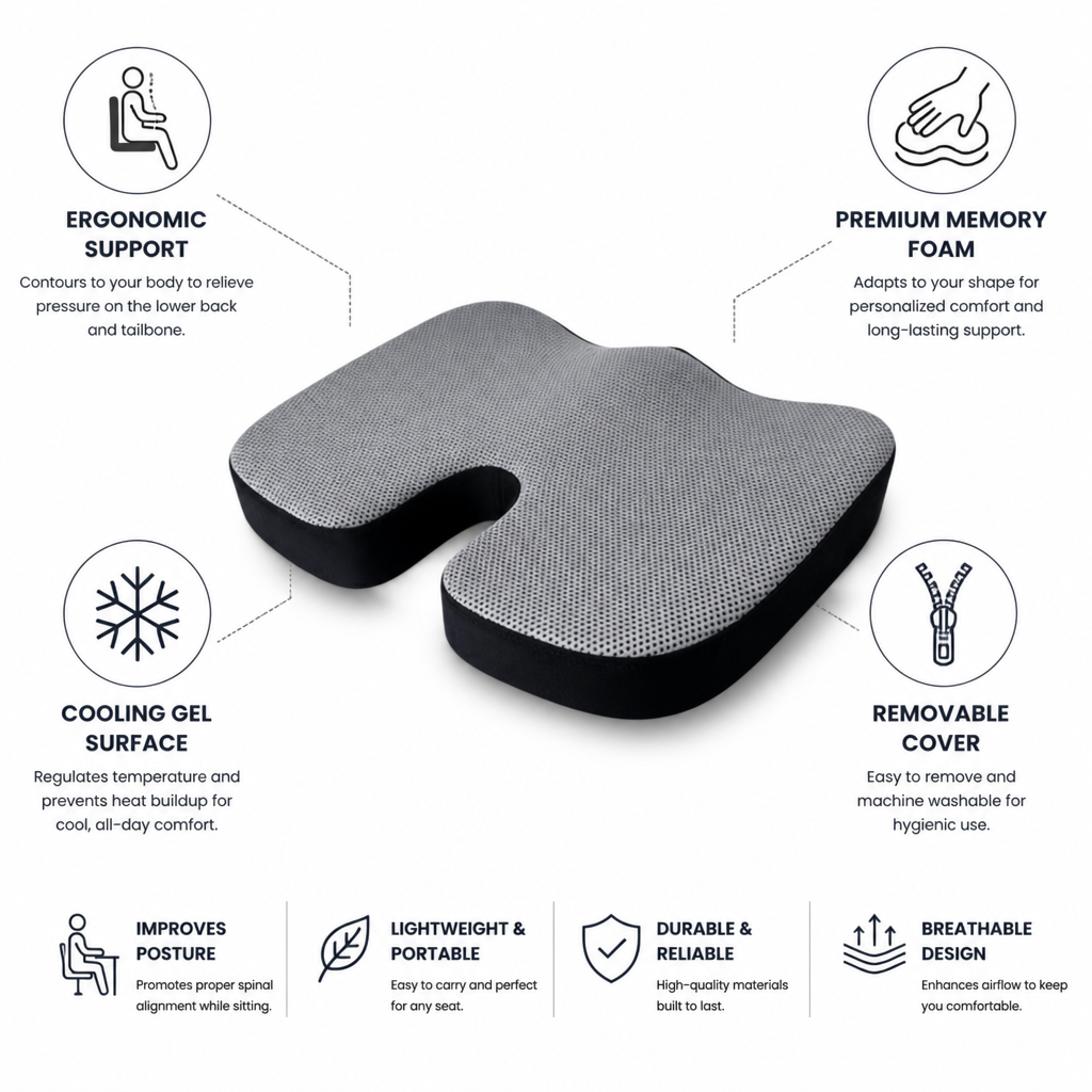 Seat Cushion Contoured Memory Foam & Cooling Gel