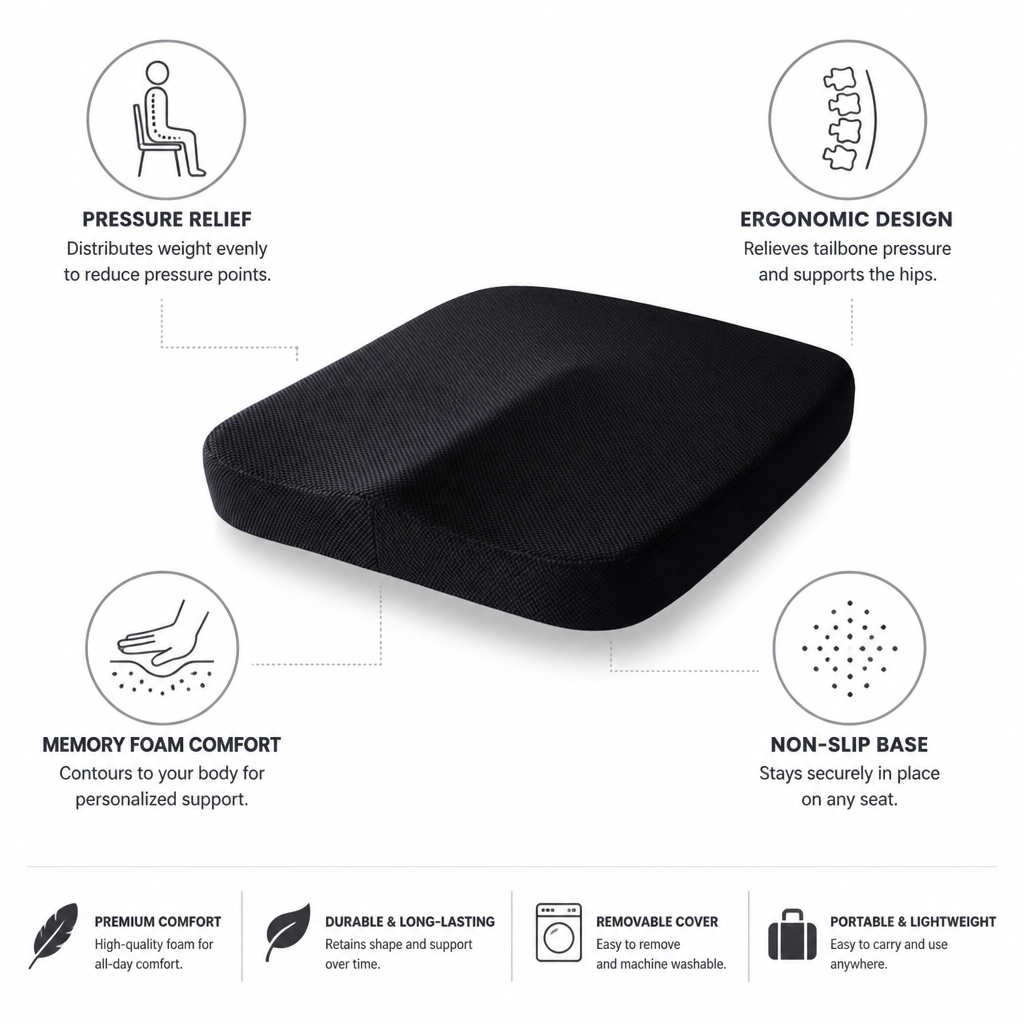 Seat Cushion Contoured Memory Foam Non-Slip