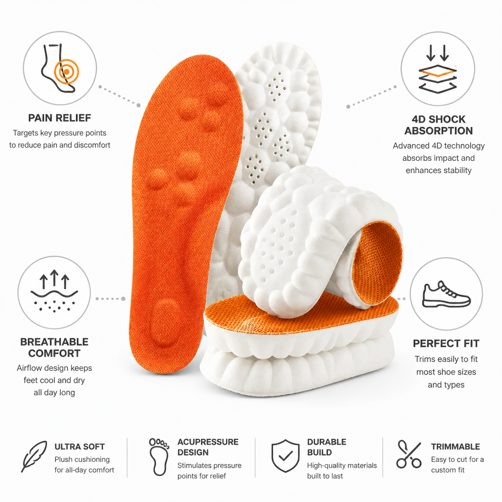 Shoe Insoles 4D Shock-Absorbing All-Day Comfort