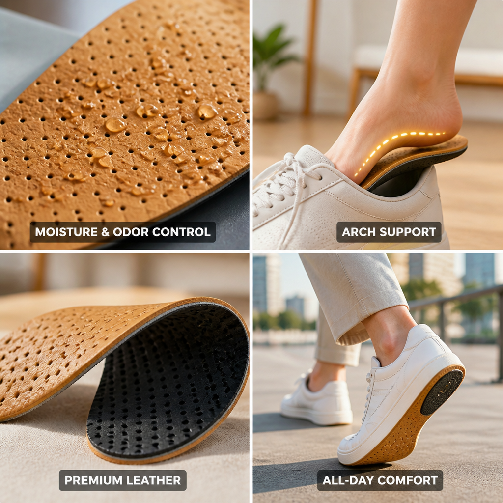 Shoe Insoles Arch Support Cowhide Leather & Activated Carbon