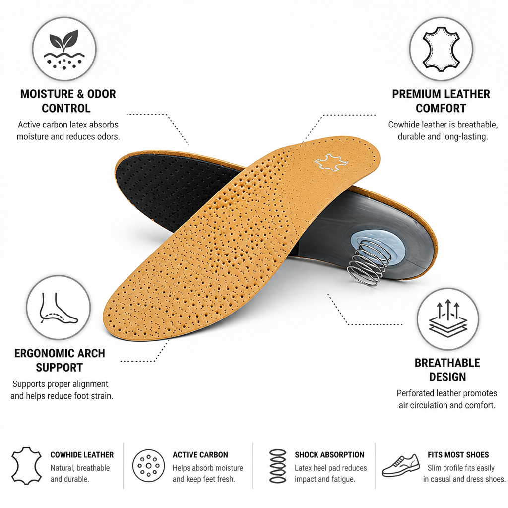 Shoe Insoles Arch Support Cowhide Leather & Activated Carbon