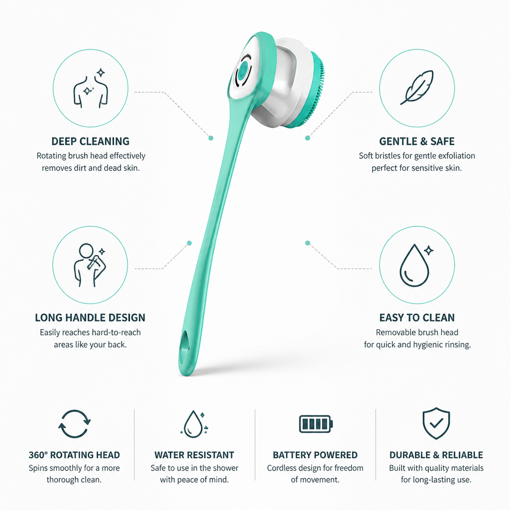 Shower Brush Electric Rotating Head Long Handle