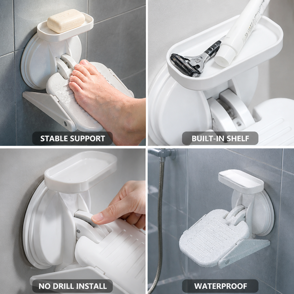 Shower Footrest Suction Mount Non-Slip Integrated Shelf
