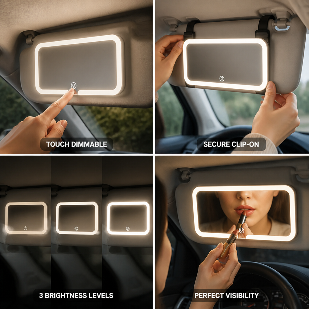 Sun Visor Mirror Dimmable Touchscreen LED Clip-On