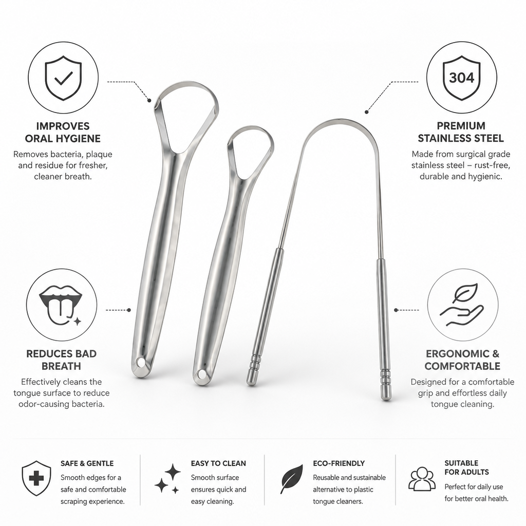 Tongue Scraper Ergonomic Surgical Stainless Steel Set of 2