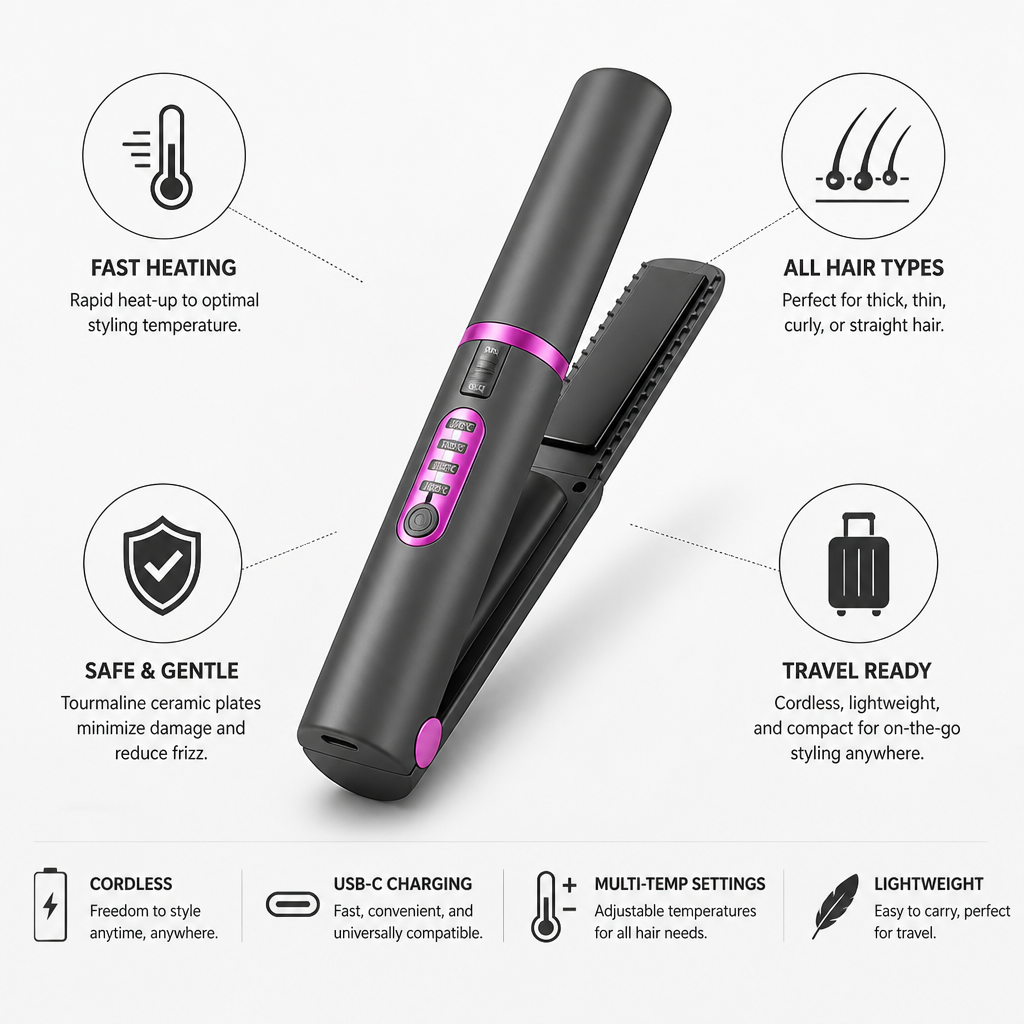 Travel Hair Straightener Cordless USB-C Tourmaline Ceramic