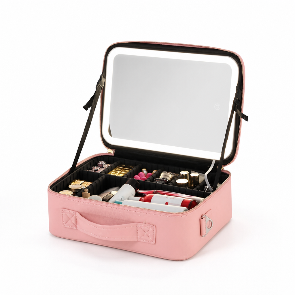 Travel Makeup Bag Battery-Free LED Mirror Large Capacity