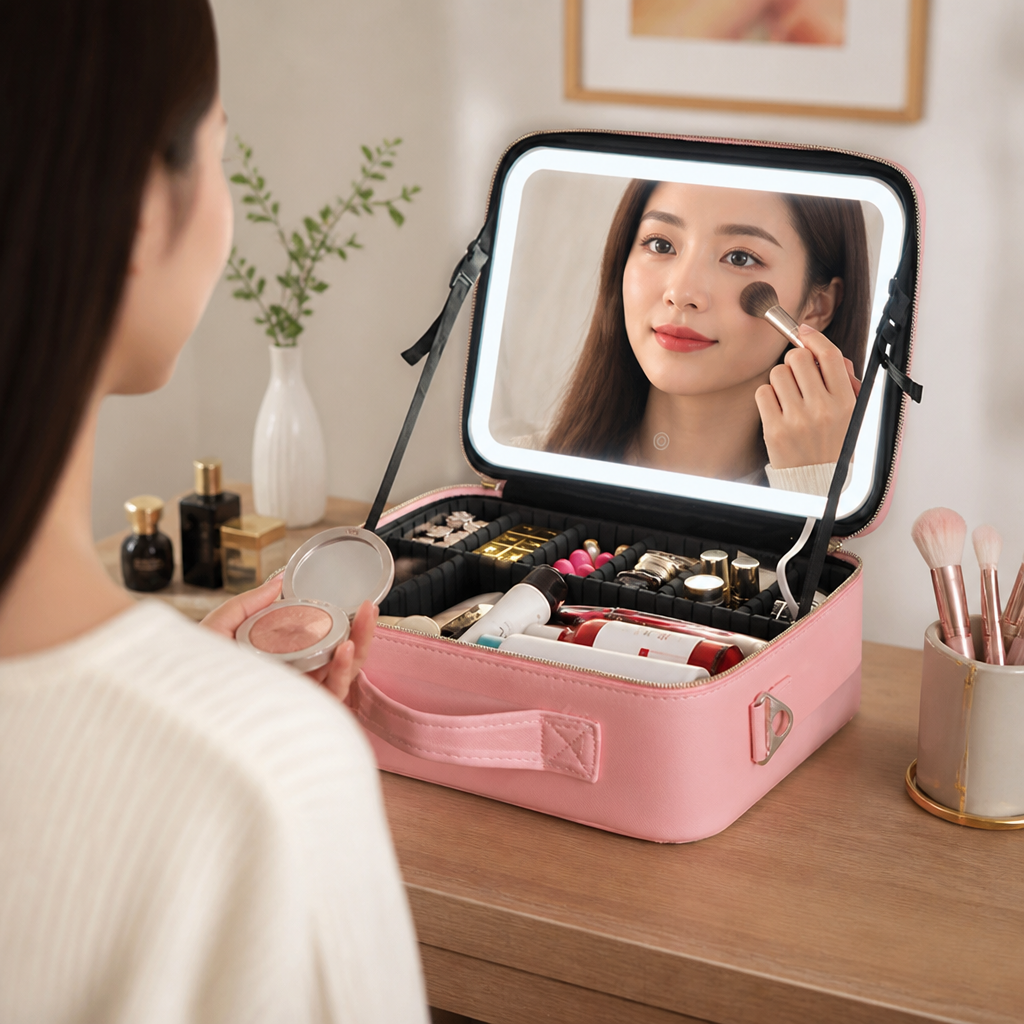 Travel Makeup Bag Battery-Free LED Mirror Large Capacity