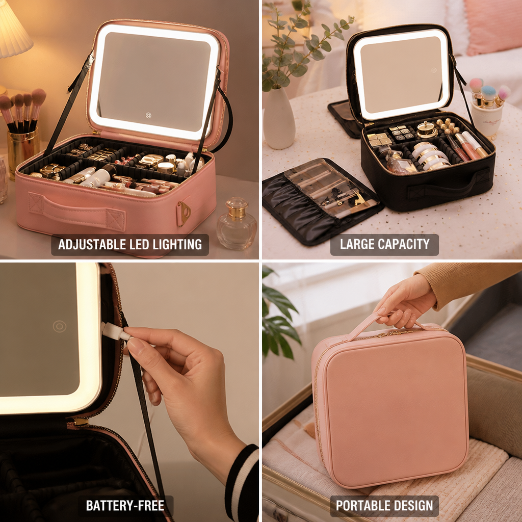 Travel Makeup Bag Battery-Free LED Mirror Large Capacity