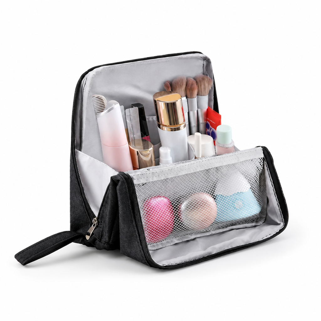 Travel Makeup Bag Waterproof Structured Compartments & Brush Cover