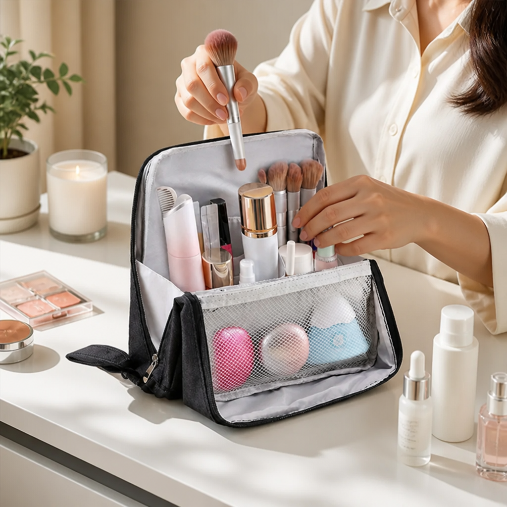 Travel Makeup Bag Waterproof Structured Compartments & Brush Cover